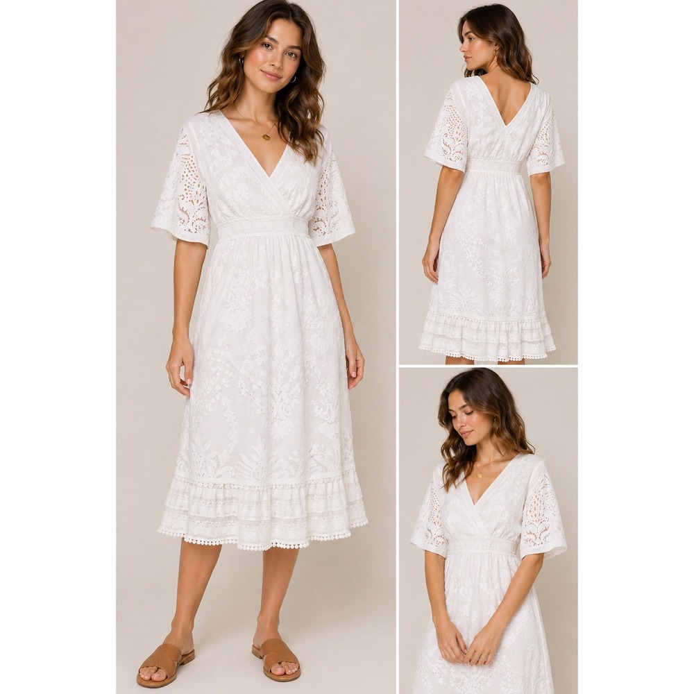 Farm Rio for Anthropologie OffWhite Lace‎ Devore Midi Dress M